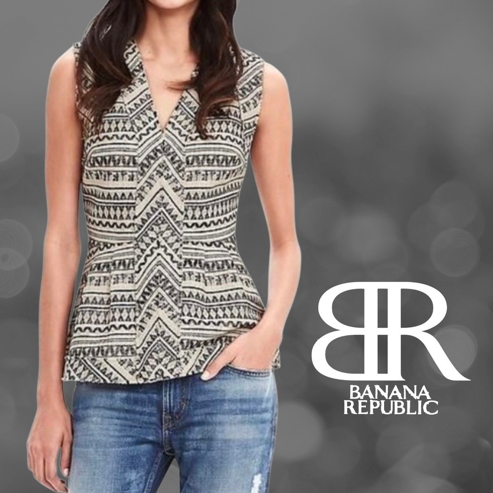 Banana Republic Womens Jacquard Peplum Sleeveless Top Black Cream 14‎